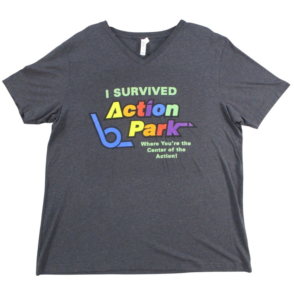 Bella Canvas I Survived Action Park V-Neck T-Shirt Mens 2XL Charcoal Gray CVC